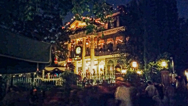 Haunted Mansion ride at night. We ere there in October and it was already decorated for the Nightmare before Christmas theme
